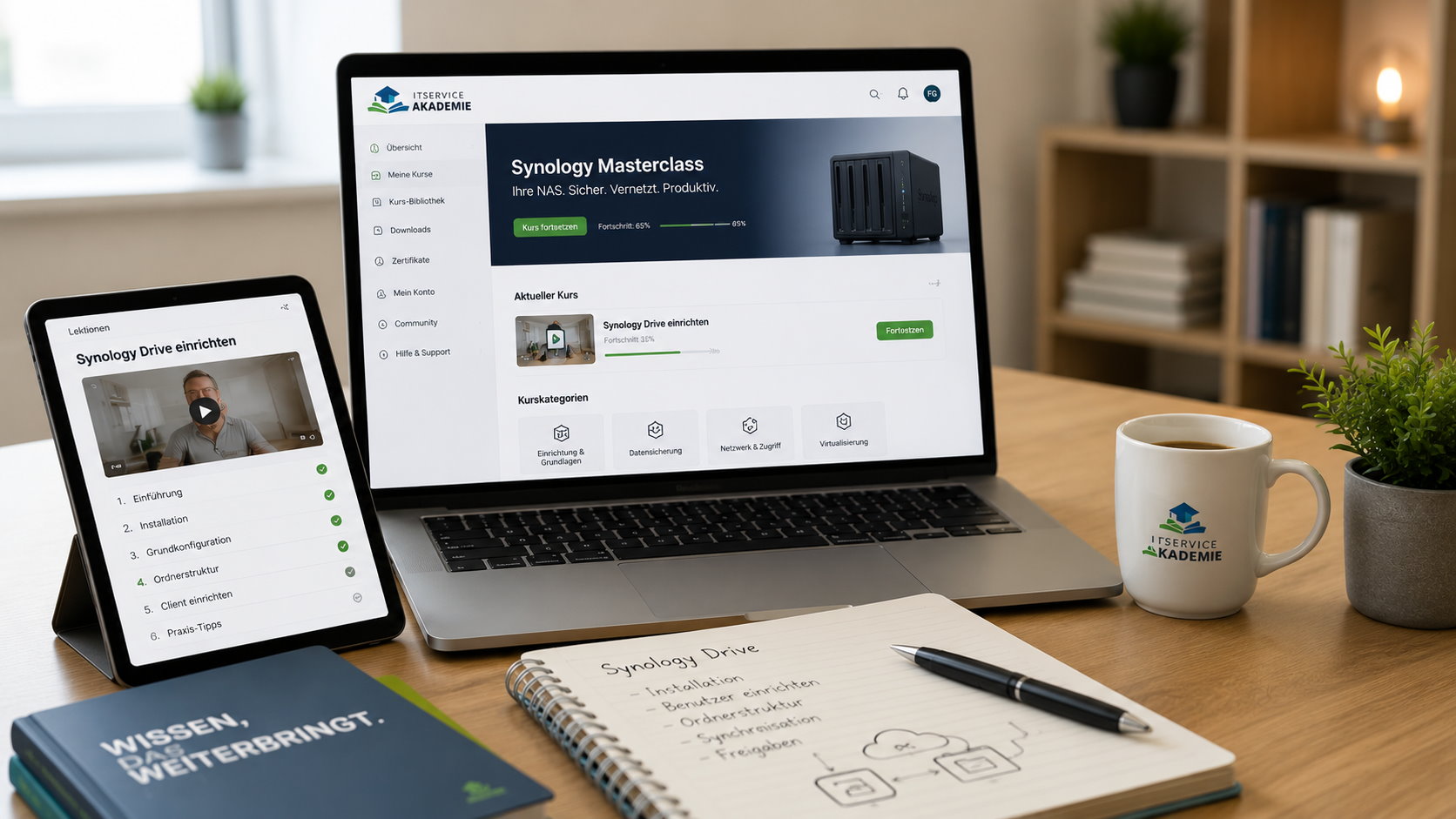 Notebook und Tablet mit einer geöffneten Online-Kursplattform